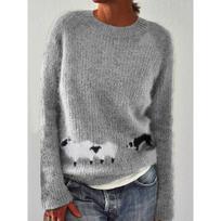 Women's Round Neck Long Sleeve Fair Isle Knit Sweater Regular Fit Casual Pullover Top 5XL gray