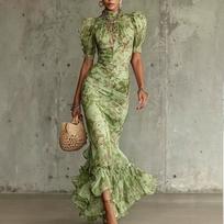 Prancūziška retro šifono suknelė vasarinė su paaukštintu kaklu, pūstomis rankovėmis, surišama ties juosmeniu, plona žuvies uodegos formos, elegantiška, žvaigždžių atostogų suknelė XXL žalia