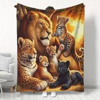 Reversible Lion Print Flannel Fleece Blanket, Soft Cozy All-Season Throw, Contemporary Style, Digital Print, Polyester, 200-250gsm, for Sofa, Home Lei 150X200CM beige