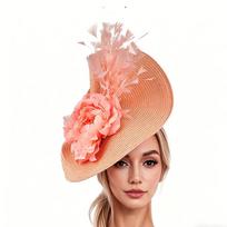 Elegantiška vintažinė gėlių ir plunksnų skrybėlė žirgų lenktynėms ir banketams beige