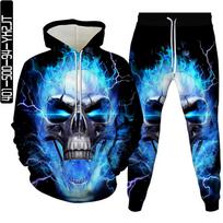 Vyriški sportinio kostiumo rinkiniai Hip Hop Punk Skull Fire 3D spausdinti gobtuvai Bėgiojimo kelnių kostiumas Aukštos kokybės moteriški gatvės drabužiai plius dydžio S-6XL S blue