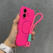 Originalus Candy skysto silikono Magsafe dėklas iPhone 17 16 15 14 13 12 Pro Max telefonui, minkštas, atsparus smūgiams, su magnetine virvele, dirželiu, dangteliu For iphone 15 Pro pink