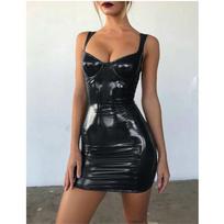 moteriška blizgi PU odos suknelė su U formos iškirpte, be rankovių, su petnešėlėmis, prigludusi, mini, seksuali, klubui, vakarėliui, išėjimui į miestą 6XL juoda