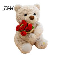 Žavingas pliušinis gyvūnas Dovanų Rožinis Meškinas Žaislas Mielas Tedis Laikantis Gėlę Rankų Darbo Valentino Puokštė Minkštas Kimštas Valentino Dienai 38cm smėlis