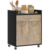 Serving Cart Kitchen Trolley on Wheels Drawer Cabinet 2 Doors Shelf in Wood Grey Wood Effect, Black 60 x 40 x 77 cm