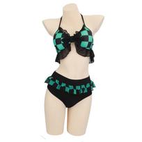 Anime Kamado Tanjirou Cosplay Costume Nezuko Zenitsu Bikini Beach Halloween Summer Split Swimsuit Set S beige