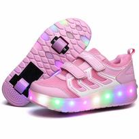 LED mirksintys riedučių batai, dvigubi ratai, spalvoti švytintys riedučiai, sportbačiai, madinga avalynė 27 pink