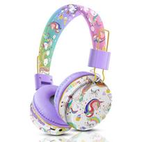Wireless Headphones with Mic, Rainbow Unicorn Kids Girls Stereo Music Helmet Headset Gamer TF Card for Phone Children 15.2*10.2*6cm violetinė