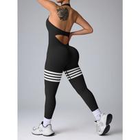 vasarinis sportinis kostiumas moterims, fitneso kostiumas, suvarstomas nugaroje, atvira mada, tamprus, ilgos kelnės, sportinis kombinezonas moteriai, sportinis kostiumas, jogos apranga, treniruočių apranga S juoda