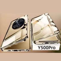 Magnetinis dėklas Vivo X200 X100 X100S X300 X90 Y500 Pro Ultra su metaliniu rėmeliu, dvipusio grūdinto stiklo, pilnos objektyvo apsaugos dangtelis, telefono bamperiai Vivo Y500 Pro auksas