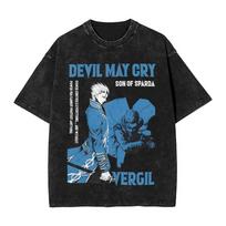Devil May Cry Vergil  Spardos sūnus  Vintažiniai skalbti žaidimų marškinėliai, Unisex veiksmo žaidimų gerbėjų gatvės stiliaus marškinėliai, 100% medvilnės laisvalaikio trumpomis rankovėmis viršus M gray