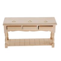 1:12 Miniature Wooden Table with 3 Drawers European Dollhouse Furniture for Living Room Decor beige