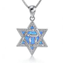 Įdomus dvipusis Judaica Dovydo žvaigždės Chai hebrajų Mėlynas ir baltas ugnies opalo pakabukas Karoliai Papuošalai dovanai gray
