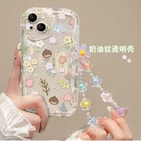 Gėlių perlo grandinėlės dirželis 3D banguotas lenktas kraštas telefono dėklas, skirtas Iphone 15 14 13 12 11 Pro Max 15 Pro 15 14 Plus 13 Mini minkštas dėklas iPhone 15 Pro white