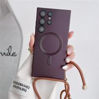 Dirželis Per petį Kaklo grandinėlė Magnetinis įkrovimo dėklas Samsung S25 S24 S23 Ultra S22 S21 Plus S20FE Note 20 Matinis dėklas Magsafe For S25&Case & Strap vyno raudonos spalvos