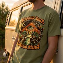 Psychedelic Fairy Ring Mushroom T-Shirt and kids tshirt: Retro 70s Cosmic Third Eye Heavyweight Cotton Tee 150 brown
