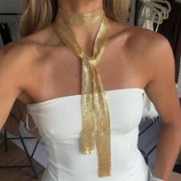 Skystas metalinis tinklinis šalikėlis-karoliai moterims Auksinis grandinėlės apvyniojamas kaklaraištis Ilgas lariatas Choker Elegantiški vakariniai papuošalai brown
