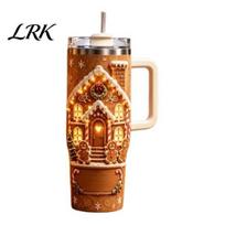 Reusable Metal Drinkware for Office Gingerbread House Christmas Tumbler with Handle & Straw Lid, 40oz Stainless Steel Car Heavy Duty Cup Cup, Holiday brown
