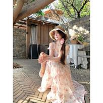 Irregular thin pink purple floral design fairy fluttering dress women's summer small flying sleeves suspender long dress S rožinė