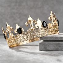 Vyriška auksinė lelija su kristalais karūna - Senovinė karališka filigraninė tiara jaunikio vestuvėms, išleistuvėms, cosplay, Helovinui, gimtadienio šventei juoda