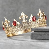 Vyriška auksinė lelija su kristalais karūna - Senovinė karališka filigraninė tiara jaunikio vestuvėms, išleistuvėms, cosplay, Helovinui, gimtadienio šventei raudona
