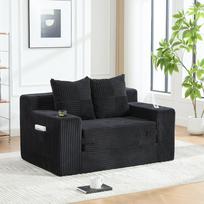 Moderni dvigulė sofa-lova, patogi sofa iš kašmyro, su dviem pagalvėmis ir puodelio laikikliu, taip pat su stilingu pufuku su šonine daiktadėže. juoda