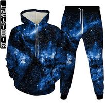 Rudens vyrų sportinio kostiumo rinkinys 3D Universe Galaxy Planet Astronaut Print 2vnt Megztiniai + sportiniai kelnaitės Madingi Moteriški Drabužiai Dydis S-6XL XL blue