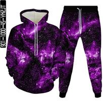 Rudens vyrų sportinio kostiumo rinkinys 3D Universe Galaxy Planet Astronaut Print 2vnt Megztiniai + sportiniai kelnaitės Madingi Moteriški Drabužiai Dydis S-6XL S purple