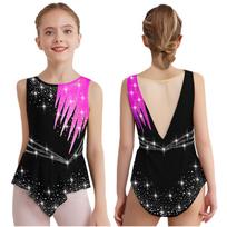Merginų pasirodymo triko ritminei gimnastikai, be rankovių, blizgus, su kalnų krištolais, kontrastingos spalvos 13-14 Years karšta rožinė spalva