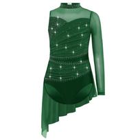 Mergaičių lyriško šokio suknelė, dailiojo čiuožimo kostiumas, blizgantys kalnų krištolai, raukšlėtas tinklinis viršus, asimetriškas sijonas, triko 13-14 Years žalia