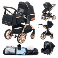 3-in-1 kūdikio vežimėlis, kombinuotas automobilinė kėdutė, lopšys, Trio, atsukamas, reguliuojamas, aukštos kokybės, nepraduriami ratai, rankena. JUODA juoda