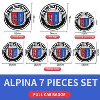 Automobilio logotipų aksesuarai, 82 mm priekinio variklio dangčio logotipas + 74 mm galinis ženklelis + 68 mm ratlankio dangtelis + 45 mm vairo lipdukas BMW ALPINA.