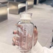 300-750ml Double Lid Water Bottle High Borosilicate Glass Water Cup with Straw Korean Portable Milk Juice Cup with Time Marker 301-400ml gray