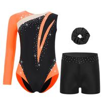 Merginų kalnų krištolo spalvų blokų asimetriškas triko su apvalia apykakle gimnastikos/dailiojo čiuožimo aprangos rinkinys 13-14 Years oranžinė/juoda