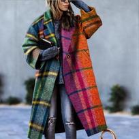 Ruožuotas moteriškas madingas ilgomis rankovėmis spalvų blokų lietpaltis vilnonis margintas viršutinis drabužis atlapotas paltas L black