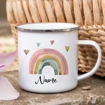 Personalizuota laužo puodelis su individualiu pavadinimu, emaliuotas, rustic stiliaus puodelis vaikams, šventinė dovana, stovyklautojo vaivorykštės puodelis moterims ir draugei white