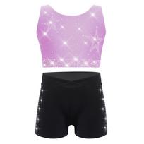 Mergaičių blizgantis cirkonio gimnastikos šokių kostiumas U formos iškirpte, kryžiuojama nugara, trumpa liemenė, V formos priekis, elastiniai šortai 5-6 Years pink