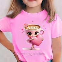 Summer Fashion Girls' Short-Sleeved T-Shirt Italian Brain Rot Holding a Heart-Shaped Cappuccino Ballerina Cartoon Pattern Print Casual Versatile Top 150 rožinė