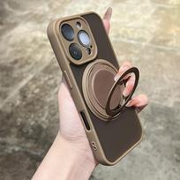 Besisukantis magnetinis žiedo laikiklis stovas telefono dėklas, skirtas iPhone 17 16 11 12 13 14 15 Pro Max, apsauga kamerai, matinis minkštas buferinis dangtelis iPhone17 Pro ruda