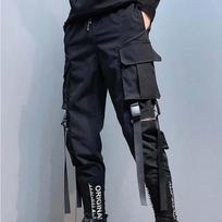 Unisex Harajuku Punk High Cargo Pants Ribbon Decoration Multiple Pockets Elastic Waist Breathable Cotton Jogger Trousers Casual Daily Wear XXXL black