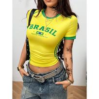 Brazilijos Vėliavos Spaudiniai Moteriški Marškinėliai Madingi Brasil Gerbėjų Džersio Viršutiniai Drabužiai Laisvalaikio Apvalia Kaklo Trumpomis Rankovėmis T-shirt Vasaros Moteriški Drabužiai 2XL yellow
