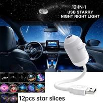2-in-1 Galaxy projektorius Naktinė lemputė USB LED Žvaigždėtas dangus Lempa 360° Sukimas Reguliuojamas ryškumas Miegamojo Luboms Kambario Automobilio Dekoravimui Night Light+12 Star Slice