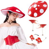 Mushroom Hat Costume Accessories Red Mushroom Cap Fairy Elf Ears Glasses Renaissance Cosplay Outfit for Adult Women