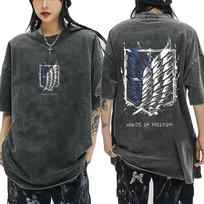 Anime Attack on Titan Washed T-shirt New Hot Mikasa Ackerman Eren Jaeger Wings of Freedom Graphic Logo Tee Fashion T Shirts Summer L gray