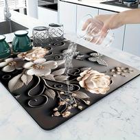 Luxury Floral Diatomite Drying Mat Non-Slip Quick-Dry Absorbent Sink & Dish Drying Rack Mat Suitable, Bathroom, Coffee Machine, Bathtub - Drain Cover 20*30cm gray