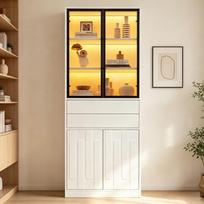 70x34x180cm LED vitrina su 2 stalčiais, aukštas spintelė su stiklinėmis durelėmis, svetainės spintelė su stiklinėmis durelėmis, balta 70 x 34 x 180 cm balta