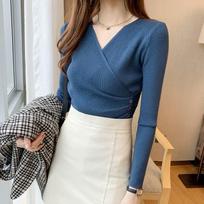 Women Pullovers Autumn And Winter Korean Fashion V-neck Long Sleeve Sweater Bottoming Tops Office Lady Slim Fit Clothes 28577 One Size mėlyna