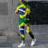 Vyriškas 3D spausdintas ilgomis rankovėmis komplektas Brazilijos/Prancūzijos/Ispanijos vėliavos sportinis kostiumas ilgomis rankovėmis kelnės 2 dalių komplektas vyriški sportiniai drabužiai M gray