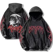 Anime Berserk Hoodies Vintažiniai skalbti Hoodie Guts Spausdinti Sweatshirts Hip Hop Streetwear Harajuku Medvilninis Kasdienis su gobtuvu Puloveris S juoda/balta