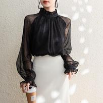 Juodi Taškuoti Ruffles Stovimos Apykaklės Laiski Šifoniniai Marškiniai Moterims Pavasariniai Laiski Ilgomis Rankovėmis Laiski Moteriški Blizgučiai Elegantiški Vintažiniai Vienspalviai Blizgučių Viršūnės 25864 L juoda